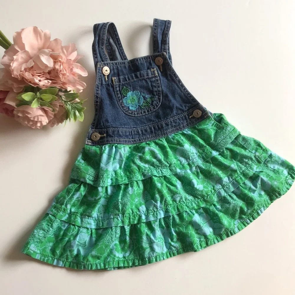 Oshkosh Denim Dress Hawaiian Girls Denim Overall Dress with Tropical Dress